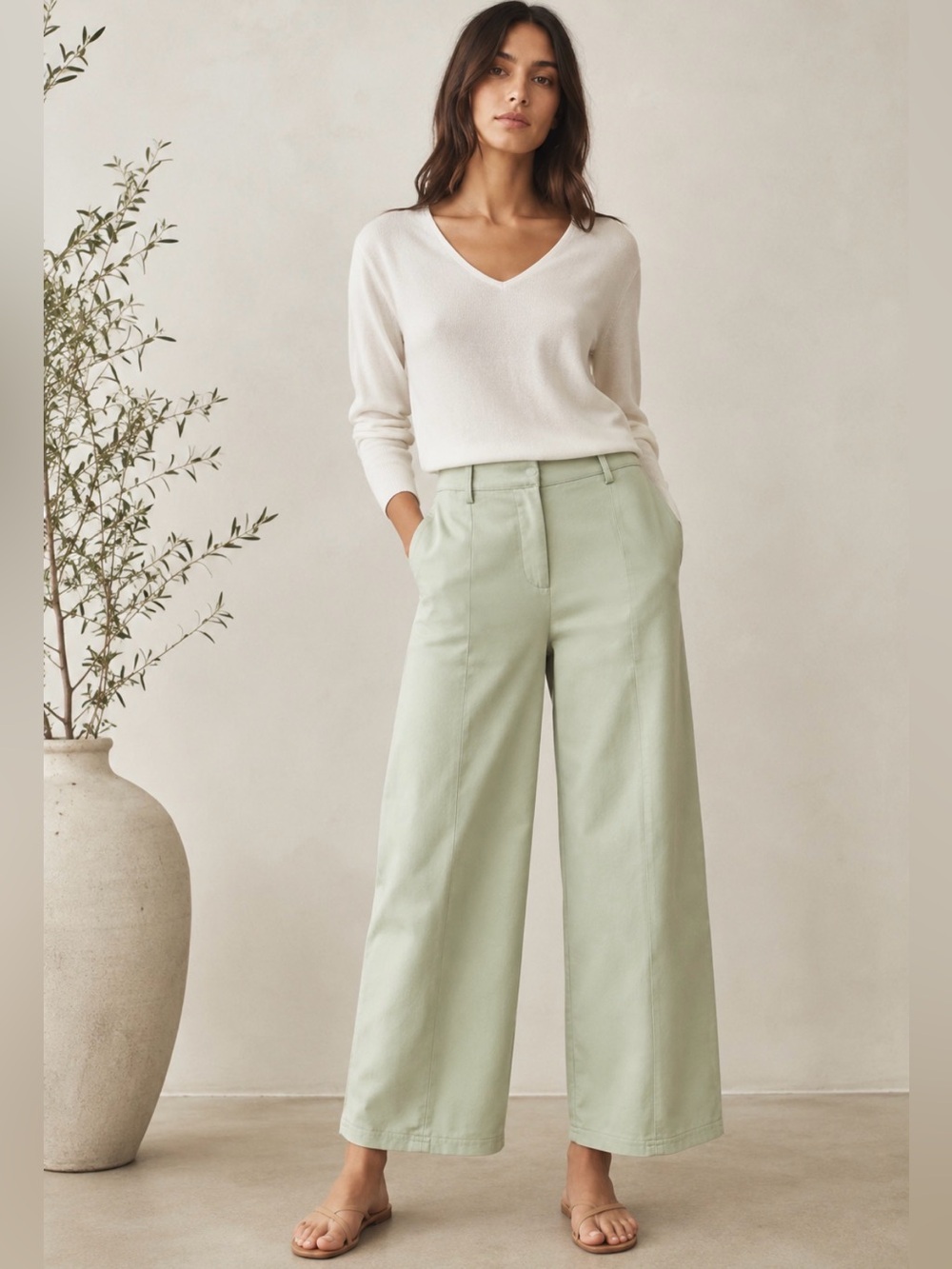 Avec Les Filles Pale Sage Green Wide Leg Trousers High Rise Pants Size 4